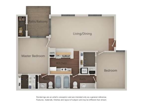 A floor plan of a house with a living room, dining room, kitchen, master bedroom, and two bathrooms.