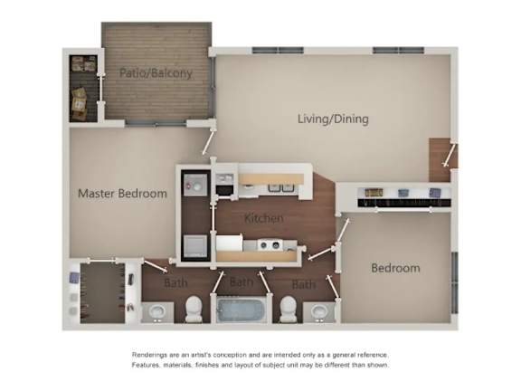 A diagram of a house layout with a master bedroom, living/dining area, kitchen, and three bathrooms.
