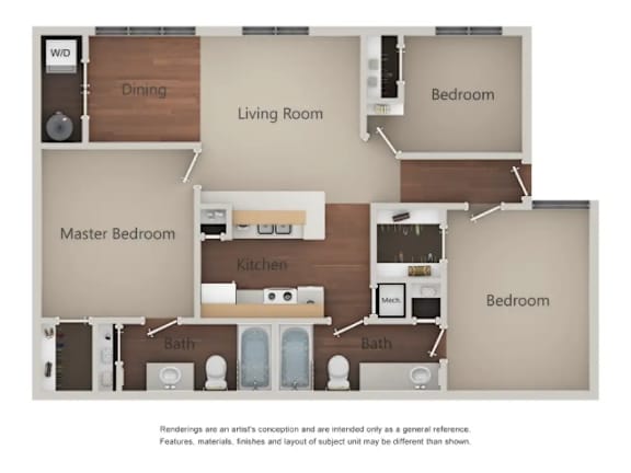 A floor plan of a house with a kitchen, living room, dining area, and three bedrooms.