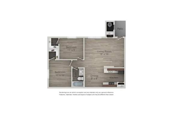 A floor plan of a house with a living room, dining room, kitchen, and two bedrooms.