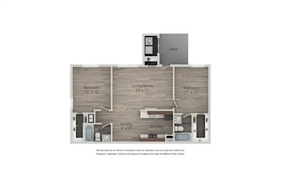A floor plan of a two bedroom apartment with a living room and kitchen.