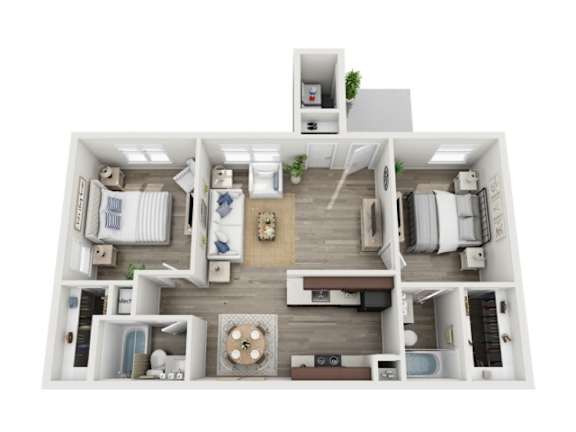 A 3D floor plan of a house with a living room, kitchen, dining room, and bedrooms.