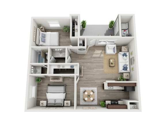 A 3D floor plan of a house with a kitchen, living room, and two bedrooms.
