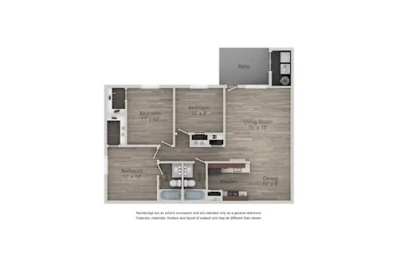 A floor plan of a house with two bedrooms, a living room, a dining room, and a kitchen.