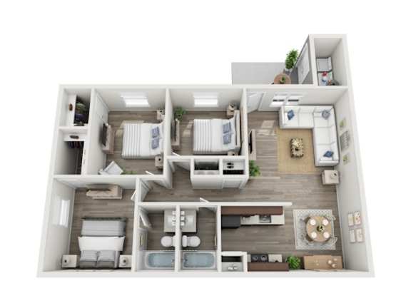 A 3D floor plan of a small apartment with two bedrooms, a living room, and a kitchen.