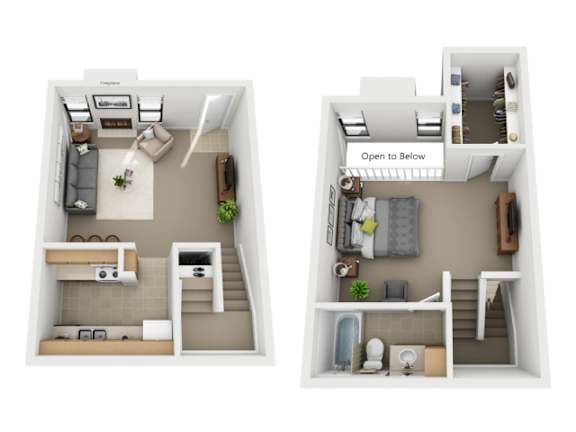 A diagram of a two-story apartment with a living room, kitchen, and bathroom on the first floor and a bedroom on the second floor.