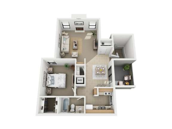 One bedroom one bath floorplan with walk-in closet at Valley Creek Apartments, Garland, TX 75043