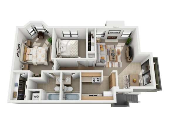 A detailed 3D floor plan of a compact living space.