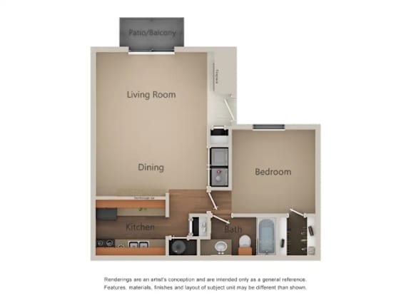 A floor plan of a small apartment with a living room, dining area, kitchen, bedroom, and bathroom.