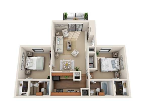 A top-down view of a two-bedroom apartment with a living room, kitchen, and bathroom.