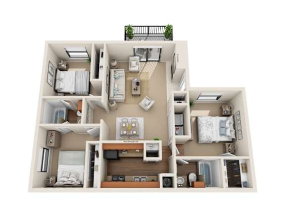 A top-down view of a two-bedroom apartment with a living room, kitchen, and bathroom.