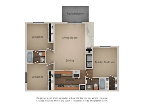 A diagram of a house layout with a living room, two bedrooms, a dining room, a kitchen, and a master bedroom.