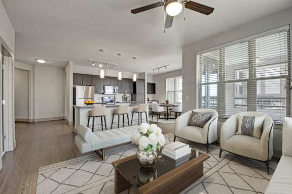 Living Room Come Kitchen View at Civic at Frisco Square Apartments, Frisco, Texas