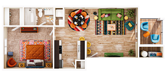 A top-down view of a room with a bed, a couch, a chair, a rug, a table, a vase, and a potted plant.
