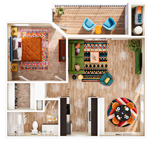 A collage of a room with a couch, a rug, a table, a chair, a potted plant, and a picture frame.