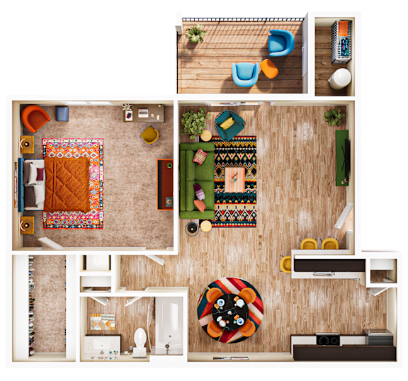 A top-down view of a room with a couch, a rug, a chair, a table, a shelf, and a cushion with a lion design.