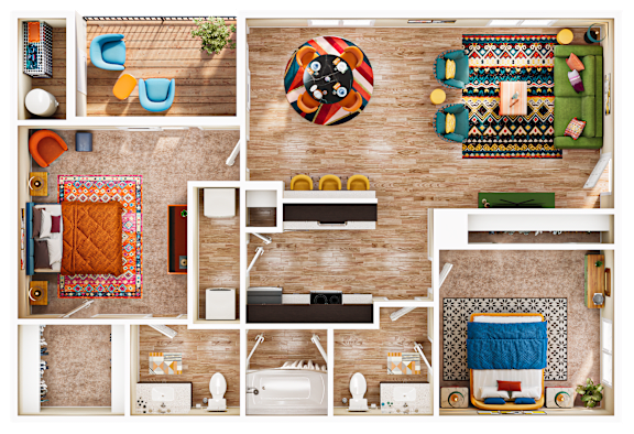 A top-down view of a living room with a sofa, a coffee table, a rug, and a TV.