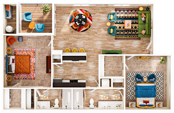 A top-down view of a living room with a couch, chairs, and a rug.