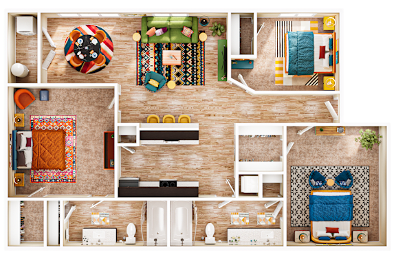 A top-down view of a house layout with a living room, kitchen, and bathroom.