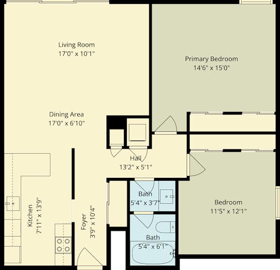 A floor plan of a house showing a living room, dining area, kitchen, and two bathrooms.