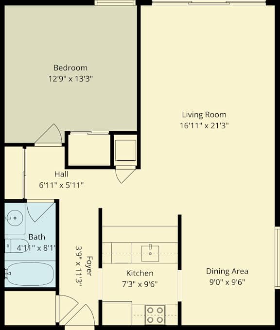 A floor plan of a room with a bedroom, living room, hall, bath, kitchen, dining area, and foyer.