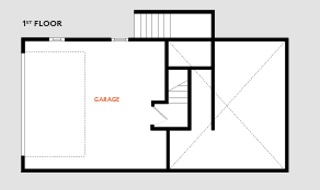 A floor plan of a 1st floor with a garage.