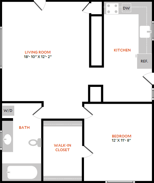 A floor plan of a small apartment with a living room, kitchen, bathroom, bedroom and walk-in closet.