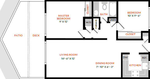 A floor plan of a house with a living room, dining room, kitchen, two bedrooms, and a bathroom.
