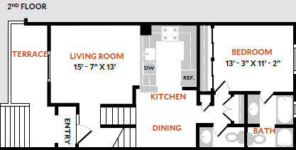 A floor plan of a 2nd floor apartment with a living room, bedroom, kitchen, dining area and bathroom.