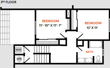 A floor plan of a 3rd floor with two bedrooms, a bathroom, and a closet.