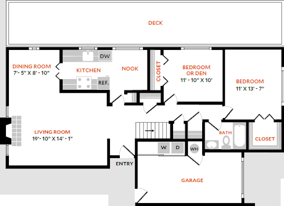 A floor plan of a house with a deck, dining room, kitchen, living room, two bedrooms, a bath, and a garage.