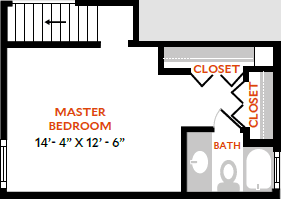 A floor plan of a house with a master bedroom sized at 14'-4" X 12'-6".