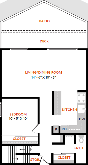 A diagram of a house layout with a living room, kitchen, bedroom, and closet.