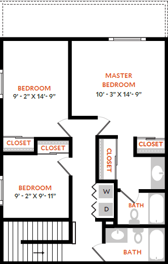 A floor plan of a house with three bedrooms and two bathrooms.