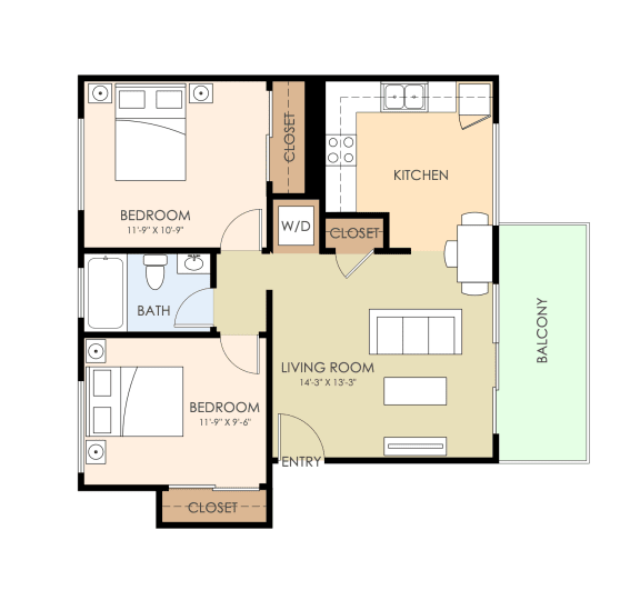 2 bed 1 Bath 673 sq. feet