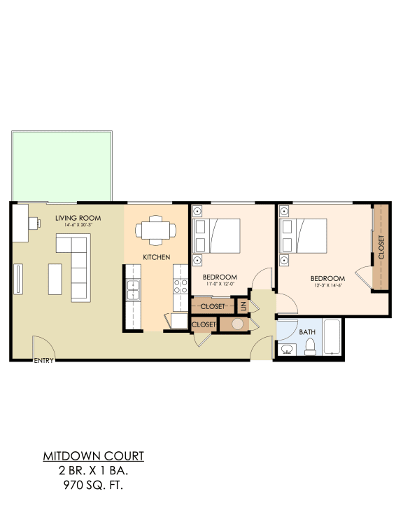 2 Bedroom 1 Bath plan 3 No washer/dryer