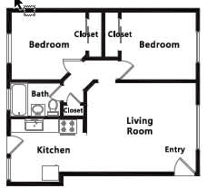 2 Bedroom 1 Bath plan 4 No washer/dryer