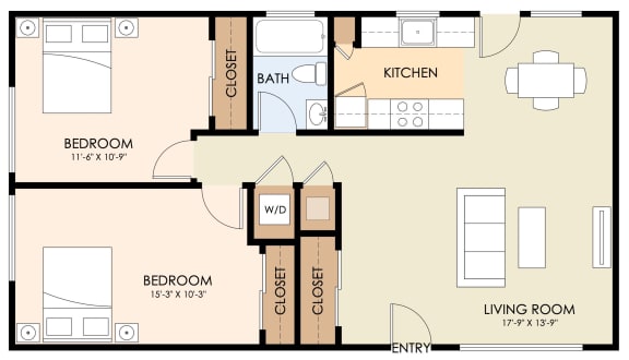 2 Bedroom 1 Bath plan 3