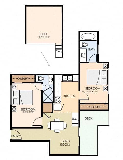 A floor plan of a 2-bedroom 2-bath apartment at Mountain View Place, California 94040.