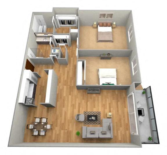 A 3D rendered image of a house layout.
