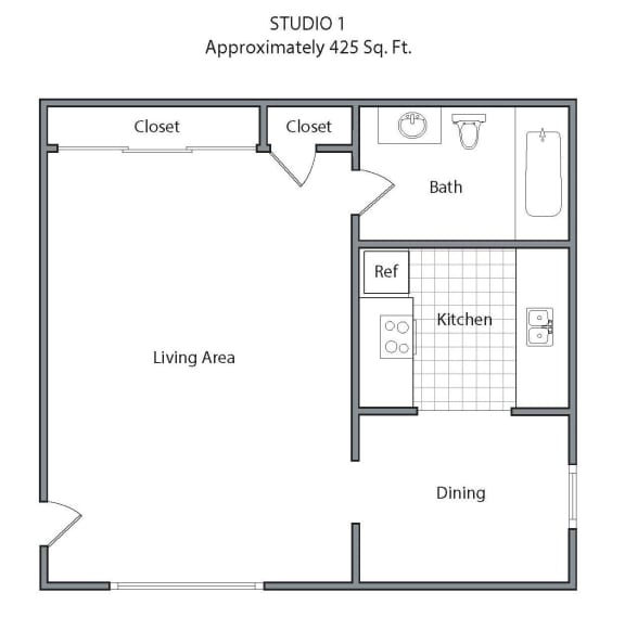 a floor plan of a studio apartment with a bedroom and a living room