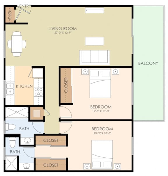 Floor Plan  Two Bedroom Two Bath Floor Plan 948 Sq.Ft. at Maison Massol, California, 95030