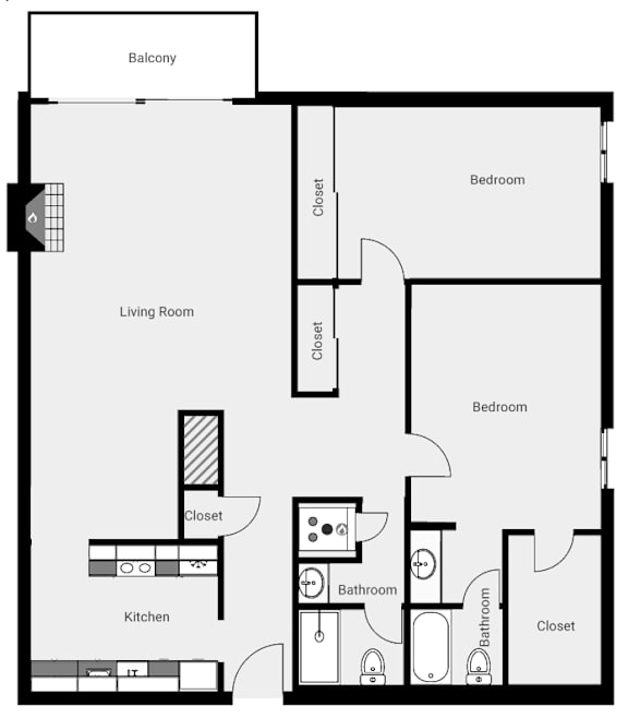 A black and white image of a house plan with a living room, kitchen, two bedrooms, and a bathroom.