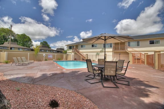 POOL side sitting area with beautiful skyline view at South Mary Place, California, 94086