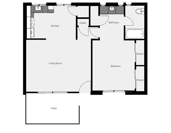 A floor plan of a house with a living room, kitchen, patio, and bedrooms.