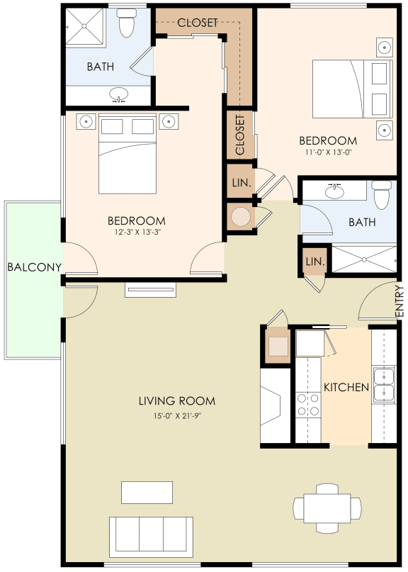 Two Bedroom Two Bath 1123 Sq Ft