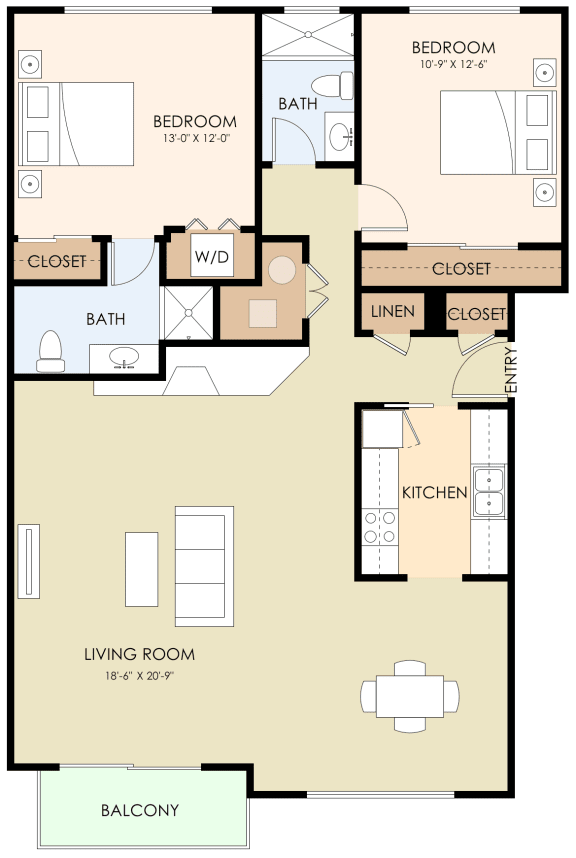 Two Bedroom Two Bath 1148 Sq Ft