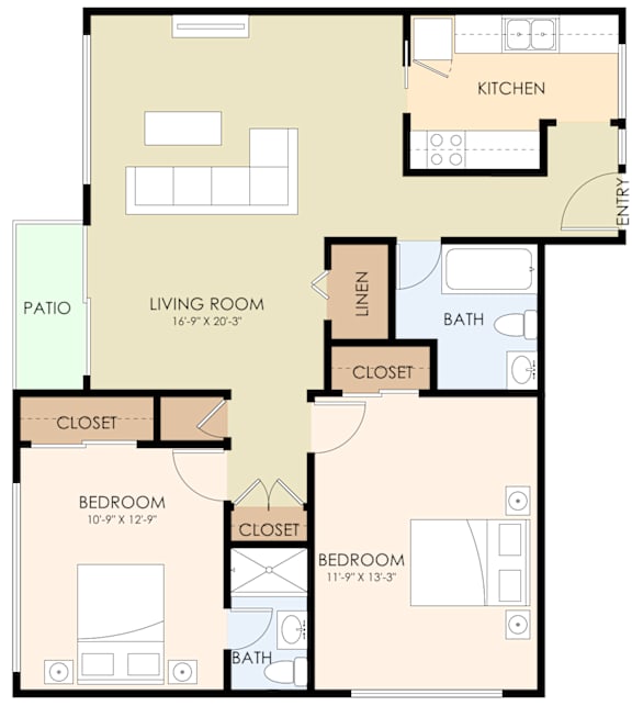Floor Plan  Two Bedroom Two Bath 925 Sq Ft