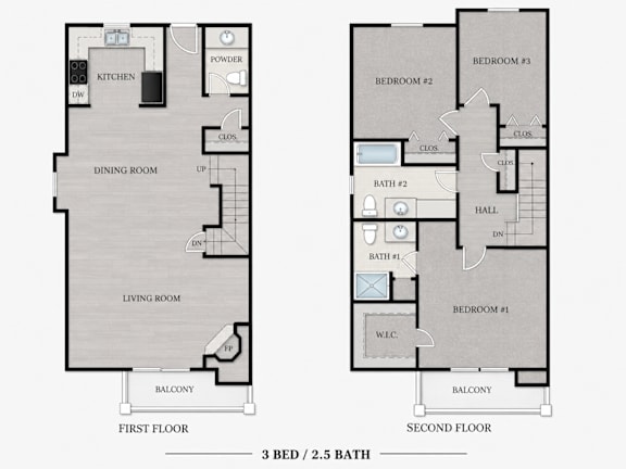 A diagram of a two-floor apartment with 3 bedrooms and 2.5 bathrooms.
