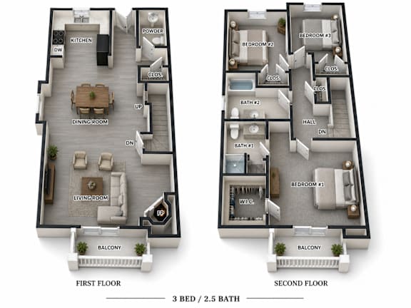A floor plan of a two-story apartment with three bedrooms and two bathrooms.